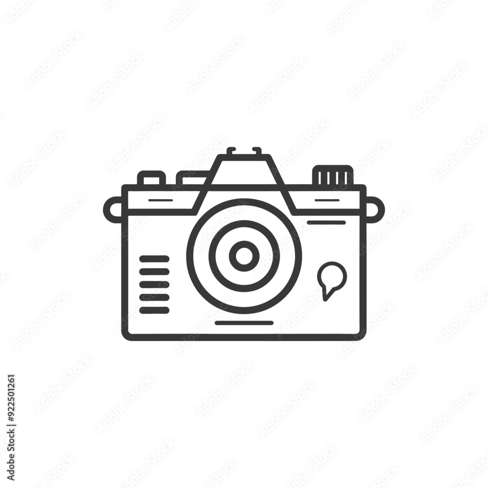 Outline Illustration of a Simple Camera with a Lens and a Speech Bubble
