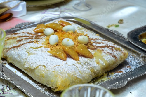 Moroccan pie stuffed with fish or chicken, served at Moroccan weddings and occasions.