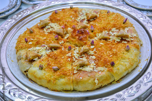 Moroccan pie stuffed with fish or chicken, served at Moroccan weddings and occasions.