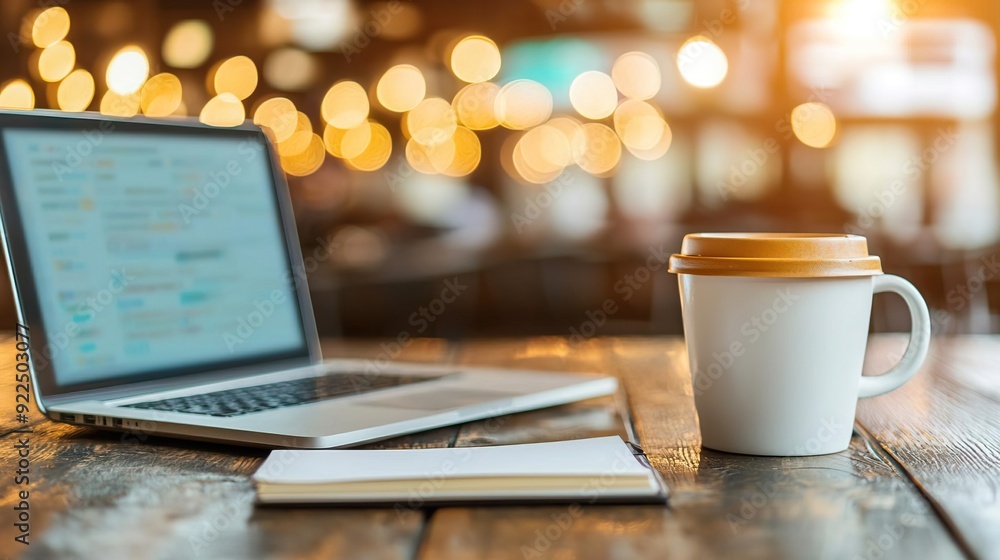 Laptop, notebook, and coffee cup on a wooden table, perfect for remote work or studying. Laptop, notebook, and coffee cup on a wooden table, perfect for remote work or studying.