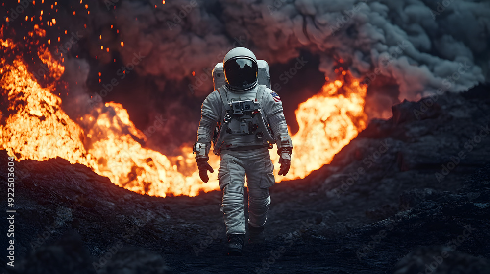 an astronaut walking towards bursting lava. an astronaut walking towards bursting lava.