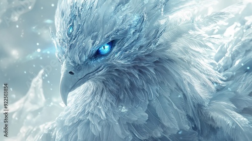 Closeup of an ice phoenix with intricate icy feathers,