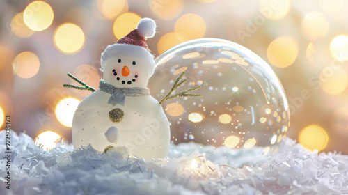 A snowman and snowflakes encased in a glass ball. photo