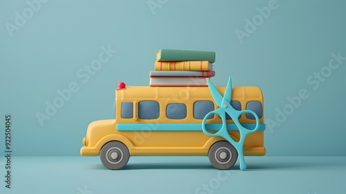 School Bus with Books and Scissors: Academic Creative 3D Flat Icon