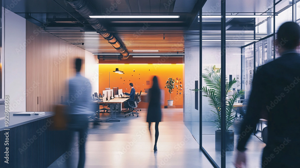 Fototapeta premium Long exposure shot of crowd of business people walking in bright office lobby fast moving with blurry