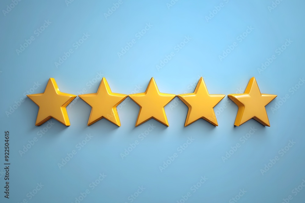 Five golden stars over blue background with reflections representing excellence
Five golden stars over blue background with reflections representing excellence