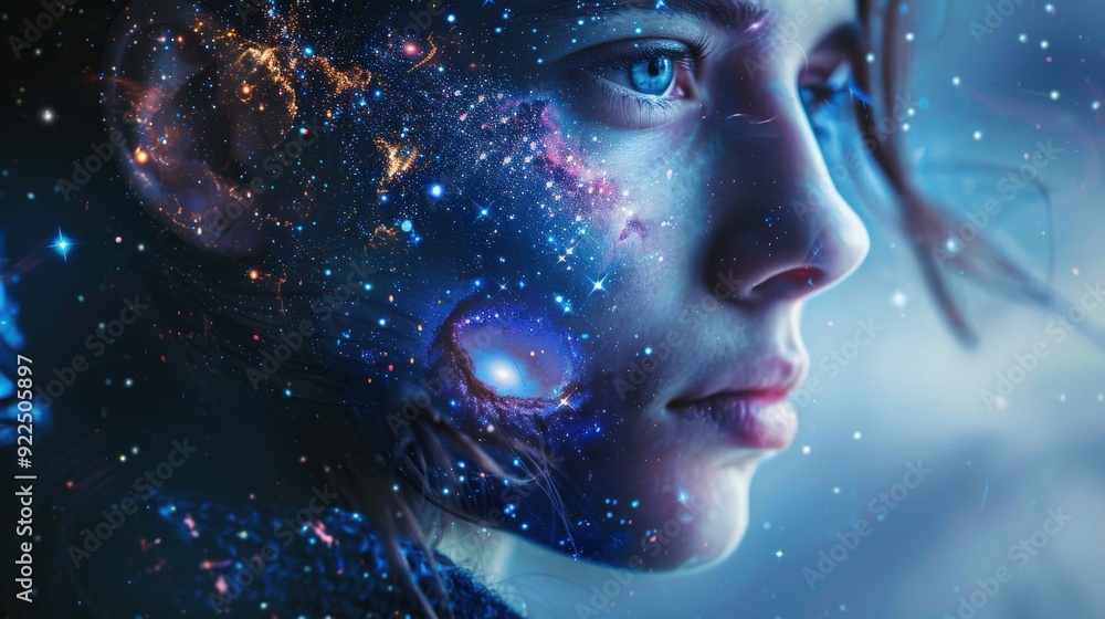 A woman gazes thoughtfully as cosmic elements like stars and galaxies blend into her features, creating a surreal celestial portrait A woman gazes thoughtfully as cosmic elements like stars and galaxies blend into her features, creating a surreal celestial portrait
