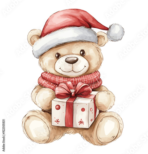 Cute teddy bear in a Christmas hat and scarf, holding a gift