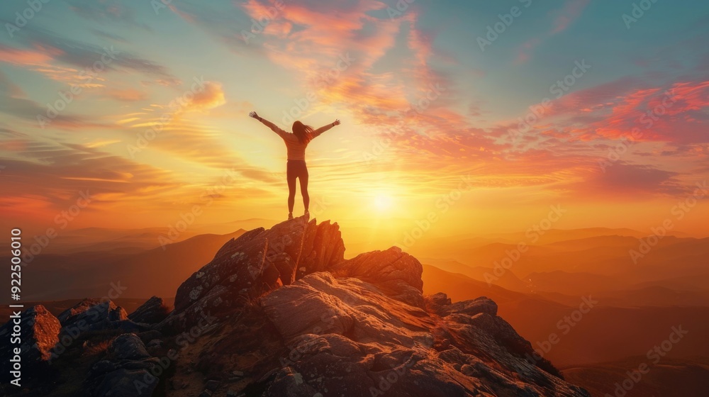 Young woman jumping with hands up against the sky and mountain Young woman jumping with hands up against the sky and mountain