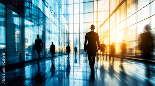 Long exposure shot of crowd of business people walking in bright office lobby fast moving with blurry