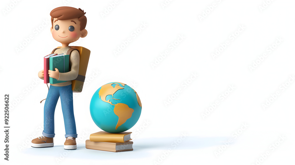 A student holding books and a globe on whimsical background | Global awareness and education concept 3D flat icon A student holding books and a globe on whimsical background | Global awareness and education concept 3D flat icon