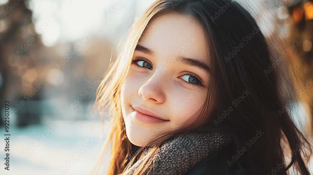 A beautiful little girl, kid, child with naive kind gray eyes, dark brown hair and cute smile has fun in winter park. Female portrait on nature. A beautiful little girl, kid, child with naive kind gray eyes, dark brown hair and cute smile has fun in winter park. Female portrait on nature.