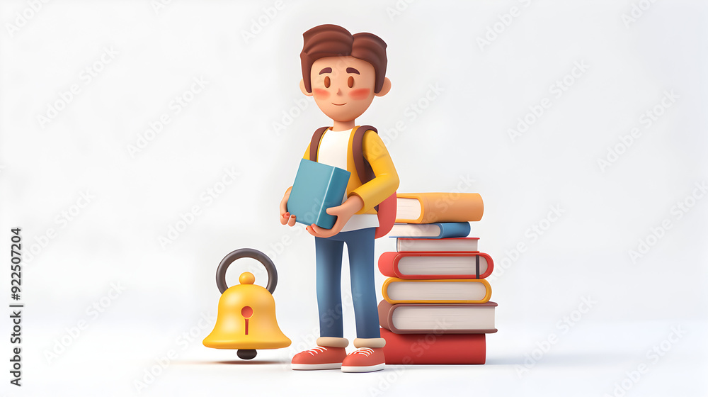 3D Flat Icon: Student with Books and School Bell Concept Traditional School Life Symbol with Dreamy Background, Isolated on White Ideal for TextGraphics 100 140 characters 3D Flat Icon: Student with Books and School Bell Concept Traditional School Life Symbol with Dreamy Background, Isolated on White Ideal for TextGraphics 100 140 characters