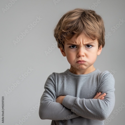 Portrait of a young boy with a serious expression and crossed arms on a neutral background conveying frustration or stubbornness photo