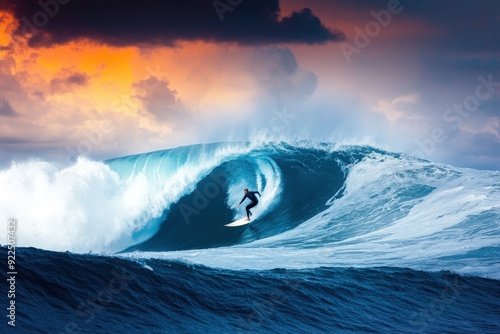A surfer performs a thrilling ride inside a massive, curling wave at sunset, showcasing the athlete's courage and the ocean's raw power. The picturesque scene is breathtaking.