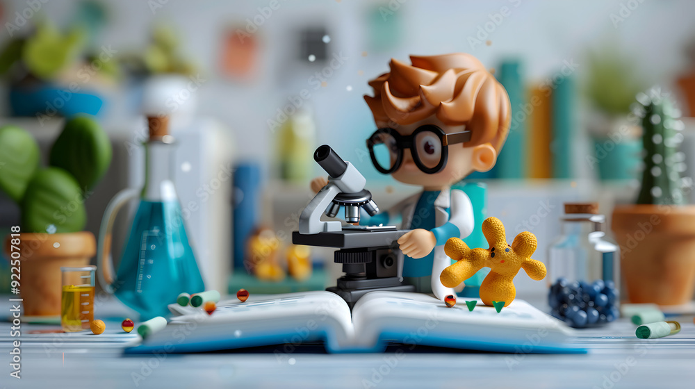 Connecting Literature and Scientific Discovery: 3D Flat Icon of Student with Microscope and Science Book on Dreamy Background Connecting Literature and Scientific Discovery: 3D Flat Icon of Student with Microscope and Science Book on Dreamy Background