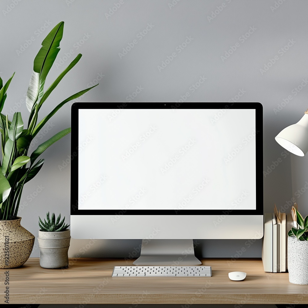 Modern workspace with desktop computer, houseplants, and desk lamp on a wooden table against a gray wall Modern workspace with desktop computer, houseplants, and desk lamp on a wooden table against a gray wall