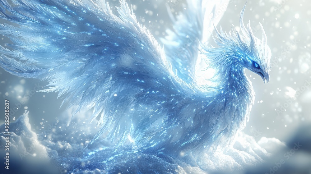 Fototapeta premium Mystical ice phoenix with vivid icy plumage, intense blue light emanating, perfect lighting,