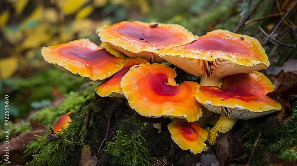 A Cluster of Red and Yellow Mushrooms in a Forest Setting A Cluster of Red and Yellow Mushrooms in a Forest Setting