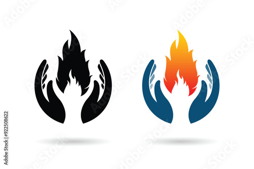 Care hands with fire inside icon. Sweet memory sorrow symbol. Vector illustration