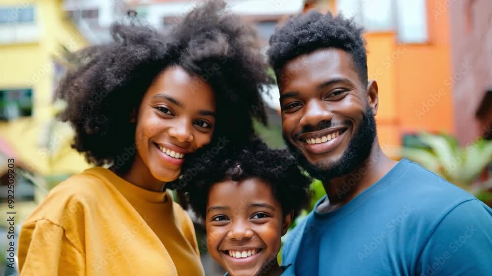 A cheerful black family with curly hair smiles brightly surrounded by lush greenery and vibrant buildings, portrait of young father, mother and son boy together A cheerful black family with curly hair smiles brightly surrounded by lush greenery and vibrant buildings, portrait of young father, mother and son boy together