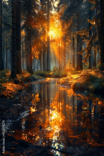Enchanting Sunrise Illuminates Tranquil Forest Waterscape