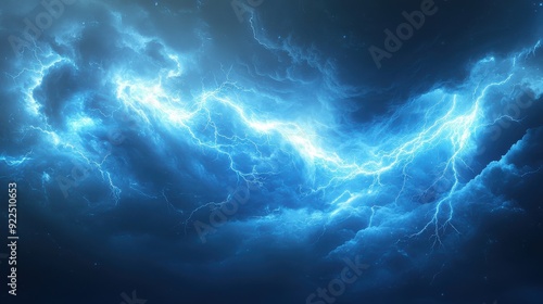 Ornate lightning storm with intense electric blue bolts, swirling clouds, bright spotlight,