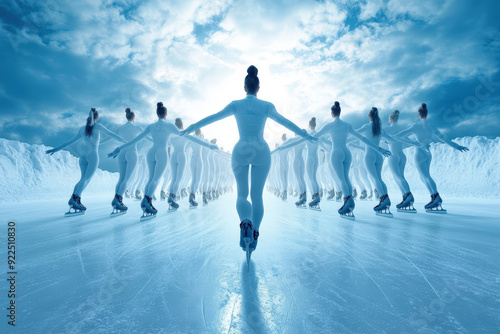 A large group of ice skaters perform a synchronized routine on an outdoor rink, set against a backdrop of snowy mountains and a partly cloudy sky, symbolizing grace and coordination. photo