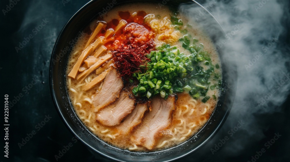 A top-down view of a steaming bowl of ramen with rich broth and garnished toppings, with steam rising from the bowl, capturing the delicious and comforting meal. A top-down view of a steaming bowl of ramen with rich broth and garnished toppings, with steam rising from the bowl, capturing the delicious and comforting meal.