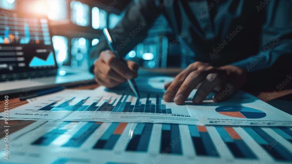 Naklejka premium Business graphs, charts and magnifying glass on table. Financial development, Banking Account, Statistics