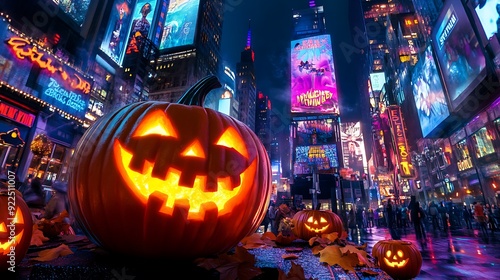 Jack-o'-lantern with a smile on the streets of Times Square Beautiful like a fairy tale in a dream.