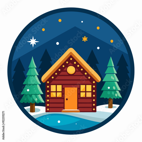 charming wooden cabin covered in snow with warm vector illustration