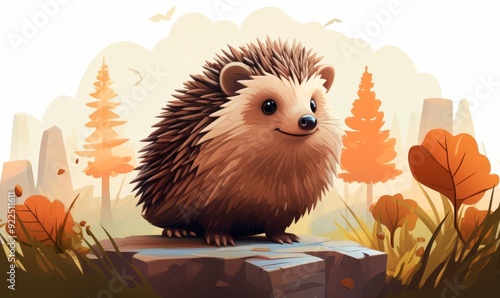 A hedgehog curling up defensively flat design top view forest floor cartoon drawing colored pastel photo