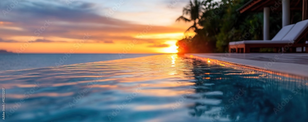 Serene infinity pool at sunset, reflecting vibrant hues over tranquil waters, perfect for relaxation and vacation dreams. Serene infinity pool at sunset, reflecting vibrant hues over tranquil waters, perfect for relaxation and vacation dreams.