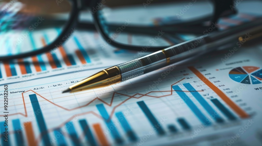Business graphs, charts and magnifying glass on table. Financial development, Banking Account, Statistics Business graphs, charts and magnifying glass on table. Financial development, Banking Account, Statistics