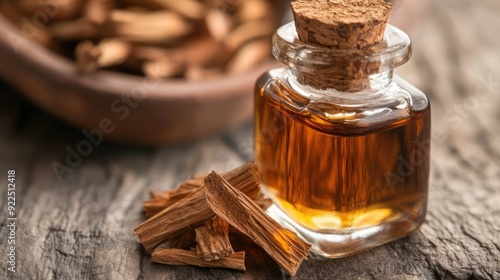 Sandalwood oil in a glass bottle with cork, surrounded by sandalwood pieces on rustic wooden background. Ideal for wellness and aromatherapy.