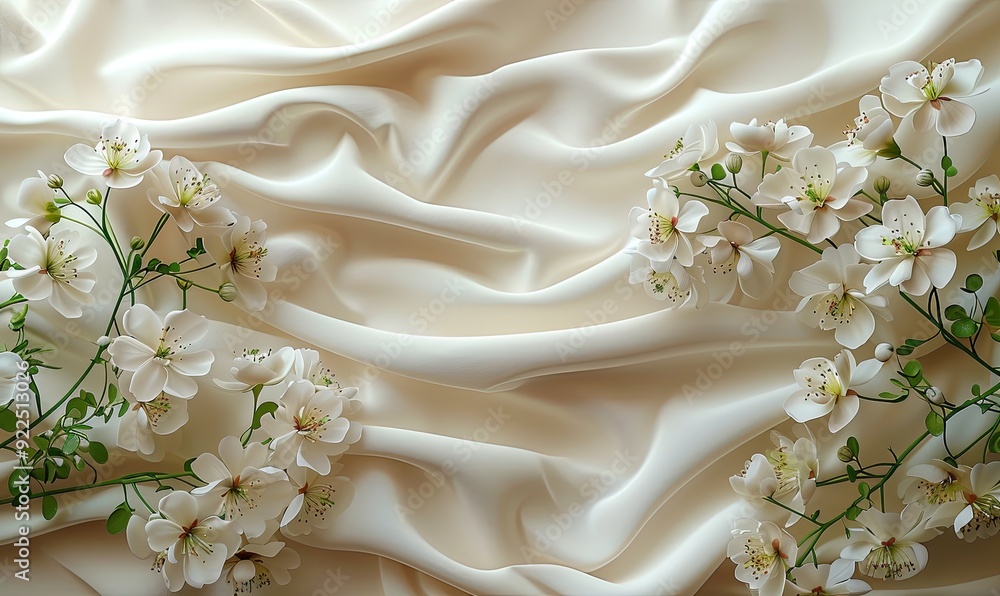 white paper card wedding invitation mockup with gypsophila flower branches on silk background generative ai. white paper card wedding invitation mockup with gypsophila flower branches on silk background generative ai.