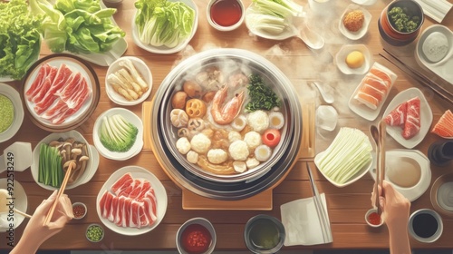 A top-down view of a table set for shabu-shabu, with a hot pot in the center surrounded by various fresh ingredients, dipping sauces, and utensils for cooking.