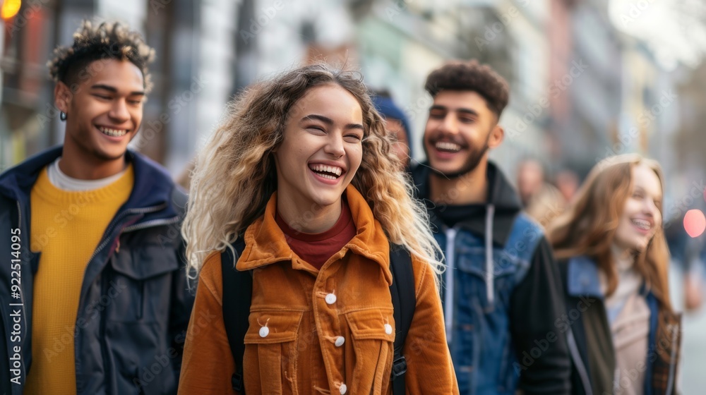 Mixed group of young people strolling on a city sidewalk, laughing Mixed group of young people strolling on a city sidewalk, laughing