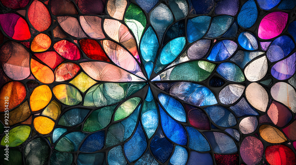 Colorful stained glass window with intricate patterns and textures Colorful stained glass window with intricate patterns and textures