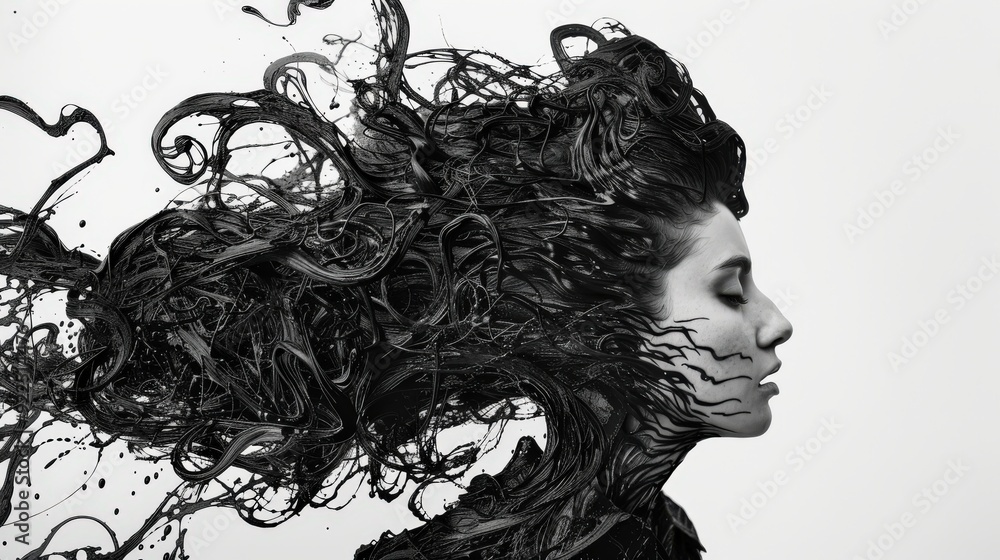 A woman’s profile displays intricate hair blending seamlessly with swirling black paint, creating an intriguing visual contrast