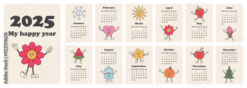 Calendar 2025 template in retro groovy style. Monthly calendar 2025. Starts Sunday. My happy year. Modern calendar for office, organizer, working place, wall, table. Vertical A4 Design Template.