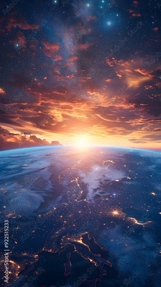 Photo Realistic Earth Sunrise and Space Twilight Concept: Stunning View of Earth s Sunrise and Space Twilight on Whimsical Background Symbolizing Natural Beauty of World and Univ Photo Realistic Earth Sunrise and Space Twilight Concept: Stunning View of Earth s Sunrise and Space Twilight on Whimsical Background Symbolizing Natural Beauty of World and Univ