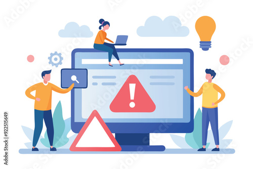 Tiny people examining operating system error warning on web page isolated flat illustration.