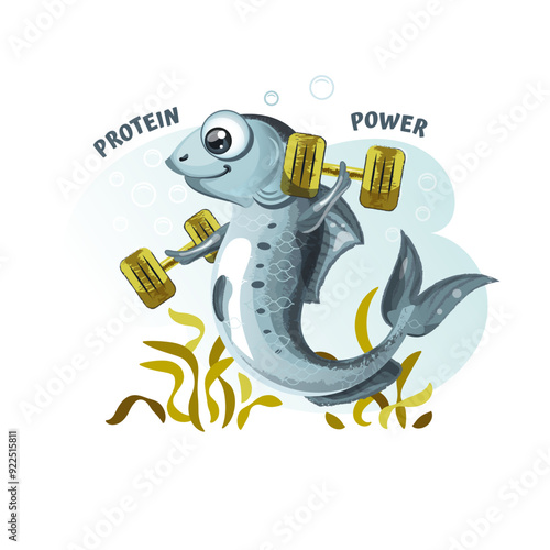 Cartoon Sardine Lifting Weights – Protein Power. Vector illustration.