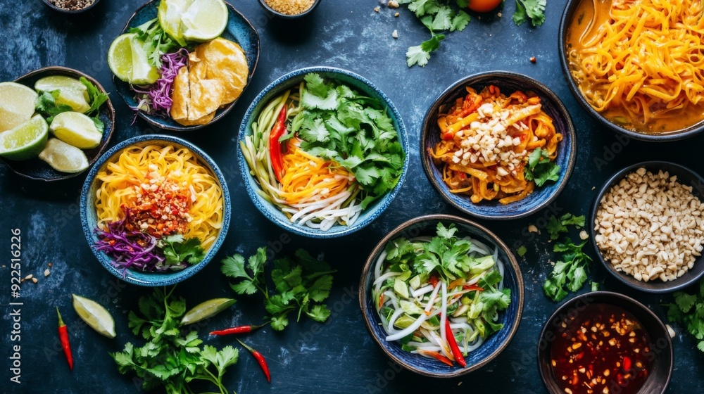 A vibrant Thai feast featuring a variety of bowls with different colors and textures, presented alongside traditional Thai dishes and garnished with fresh herbs. A vibrant Thai feast featuring a variety of bowls with different colors and textures, presented alongside traditional Thai dishes and garnished with fresh herbs.