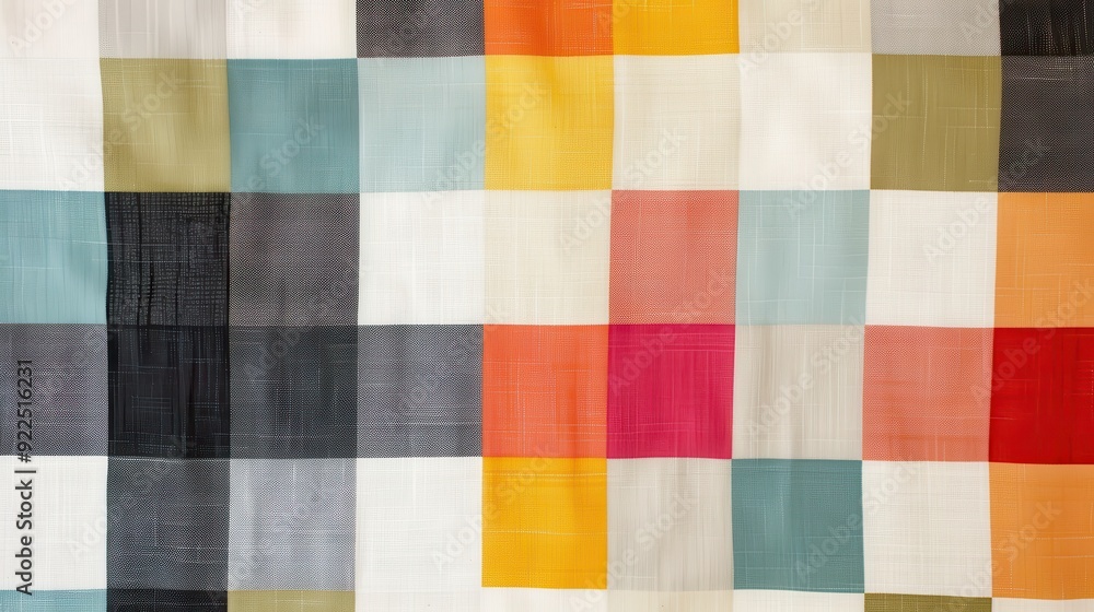 A vibrant fabric with a checkerboard design showcases various colors in a well-lit space A vibrant fabric with a checkerboard design showcases various colors in a well-lit space