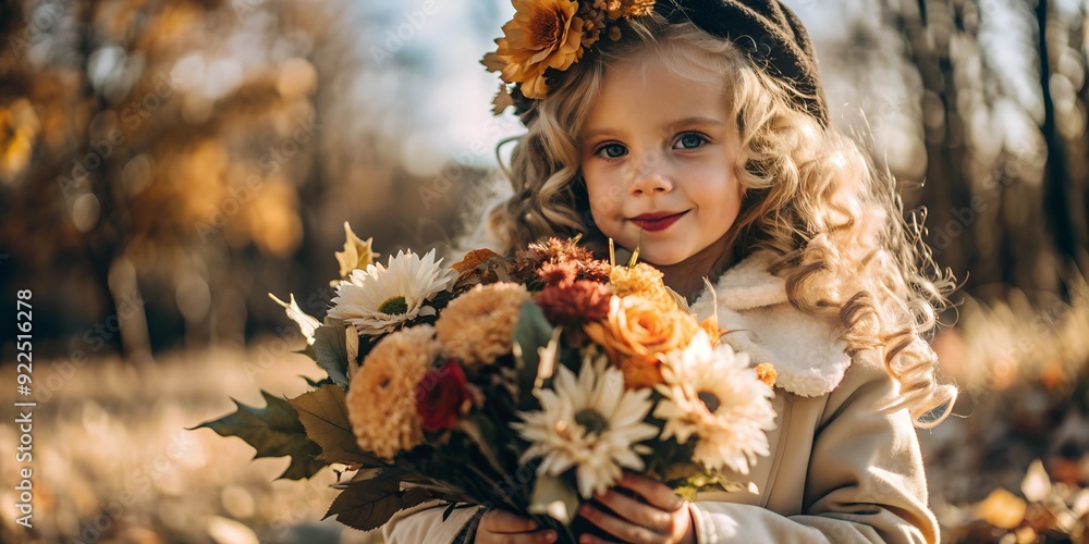 Fototapeta premium Cute little girl, baby girl with blonde curls in a hat, with a fall bouquet in the background of a fall park.