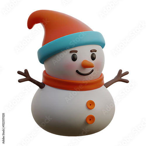 A chibi 3D Snowman with a large head, big eyes, wearing a Christmas-themed hat and scarf, with a carrot nose and coal buttons. The background is transparent.