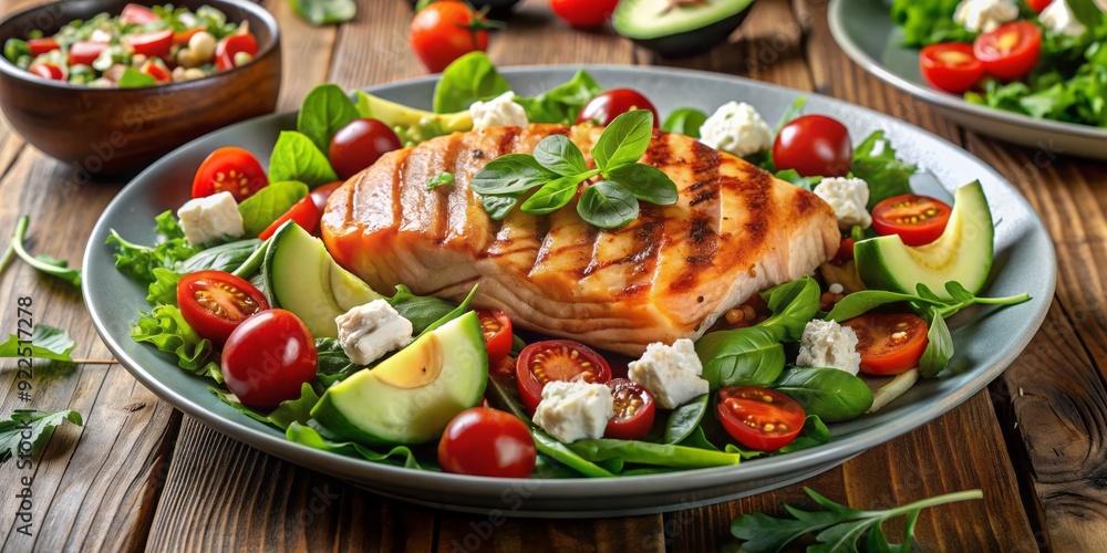Fresh mixed greens topped with grilled salmon fillet, creamy avocado slices, cherry tomatoes, and crumbled feta, drizzled with rich balsamic vinaigrette dressing. Fresh mixed greens topped with grilled salmon fillet, creamy avocado slices, cherry tomatoes, and crumbled feta, drizzled with rich balsamic vinaigrette dressing.
